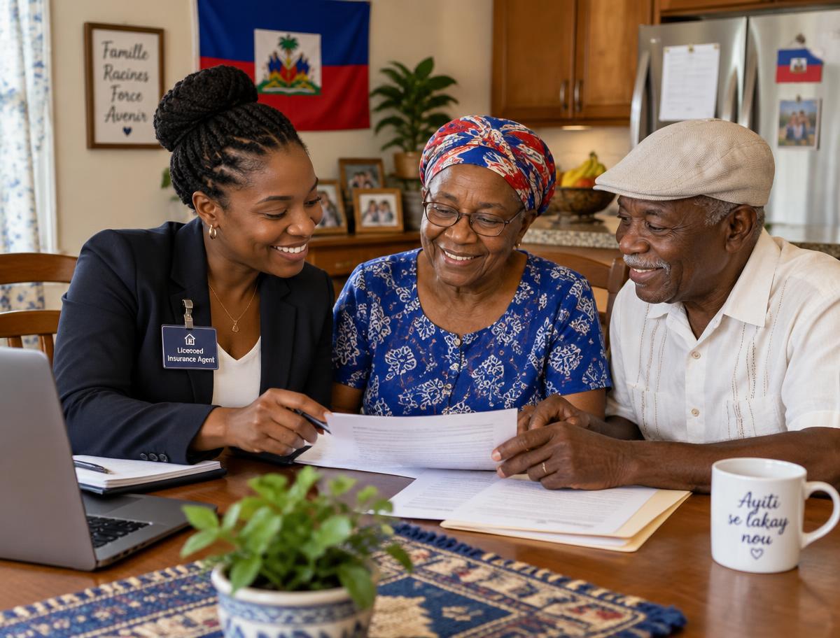 Woman agent meeting with an older Haitian couple at their kitchen table